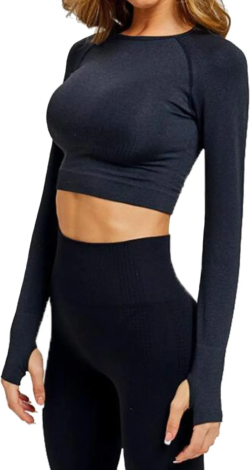 FITTOO Women's Long Sleeves Workout Crop Tops Seamless Sports Shirts Fitness Activewear