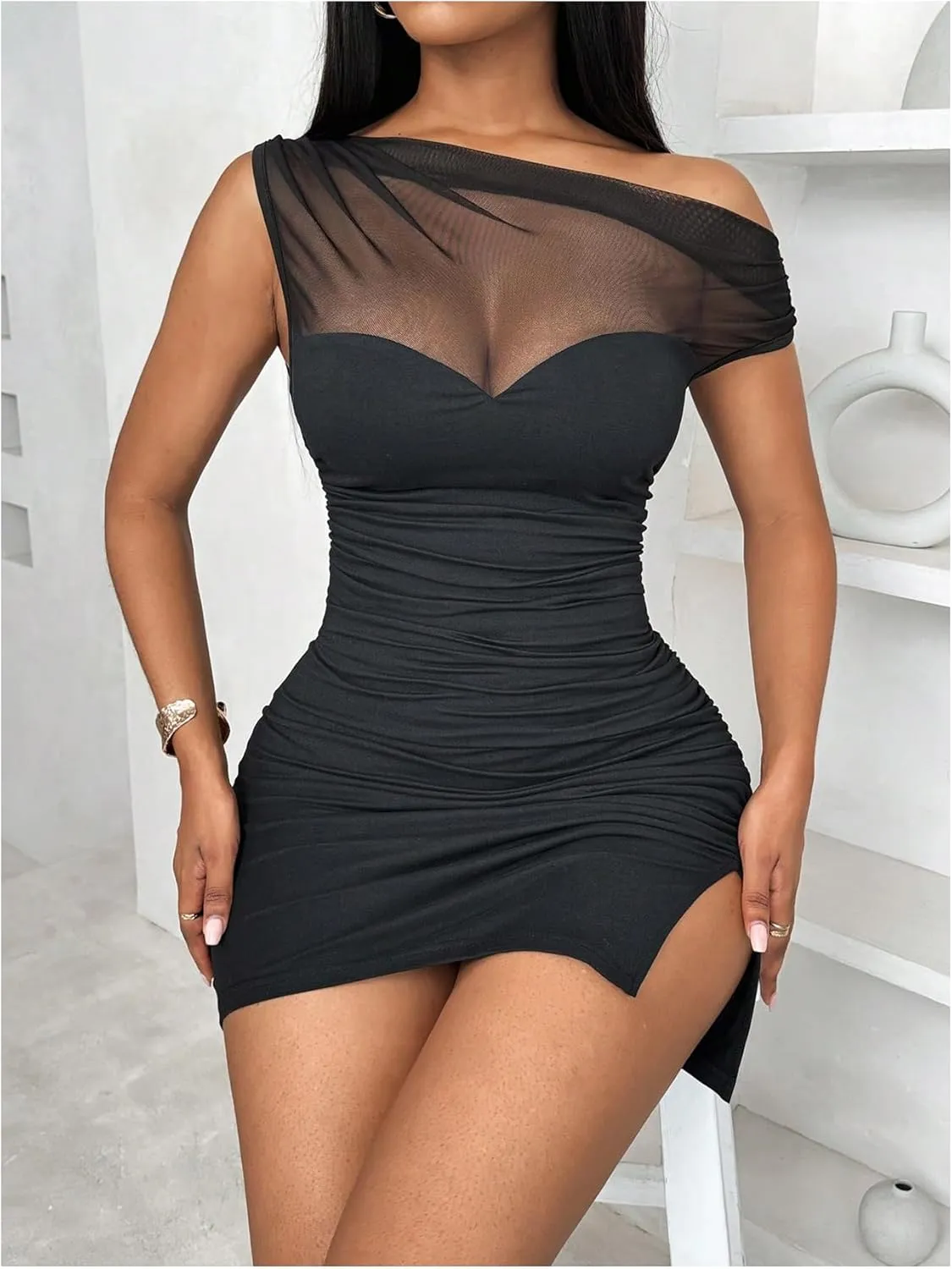 Floerns Women's Mesh Asymmetrical Neck Bodycon Dresses Short Sleeve Party Mini Dress