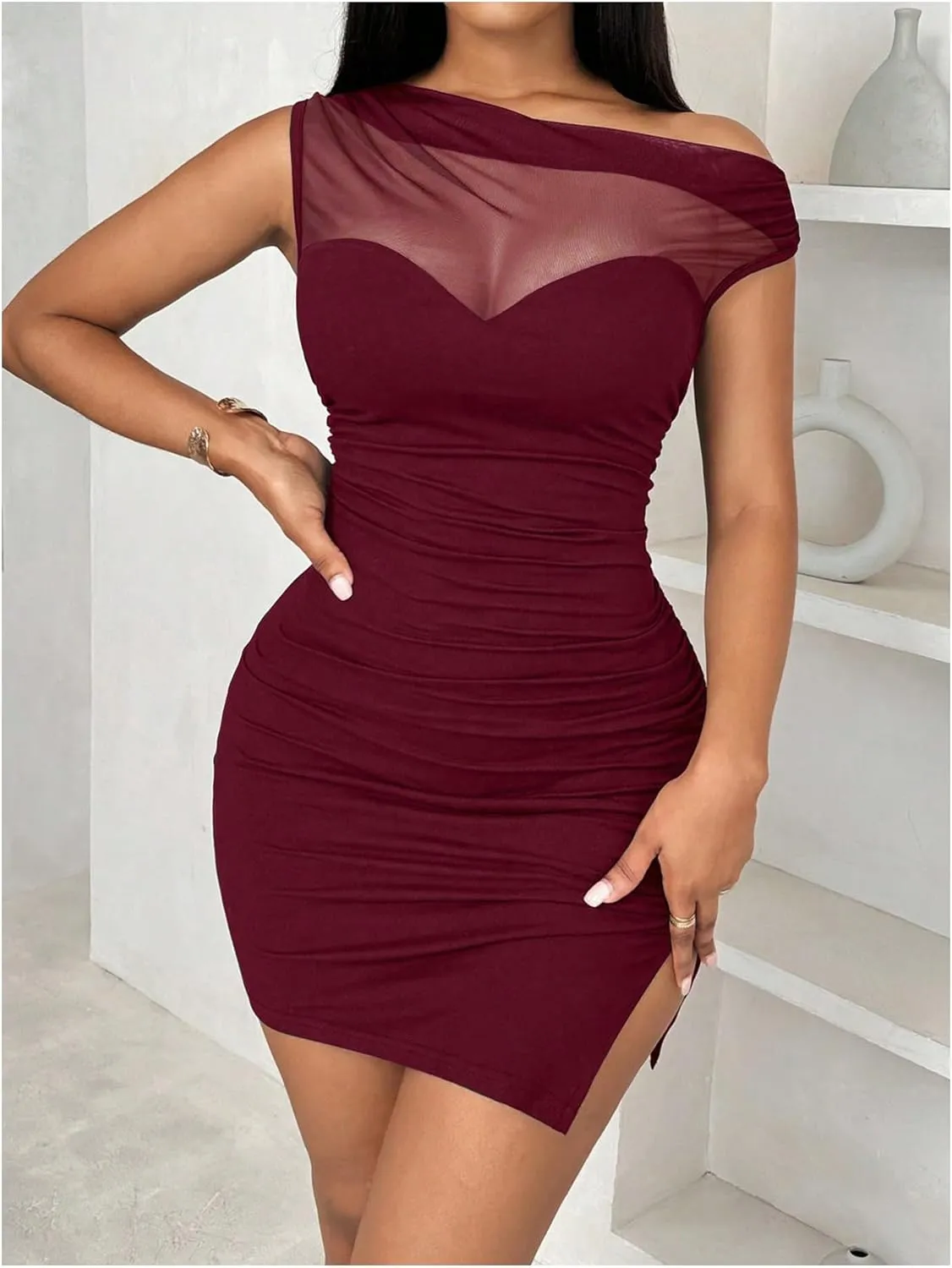 Floerns Women's Mesh Asymmetrical Neck Bodycon Dresses Short Sleeve Party Mini Dress