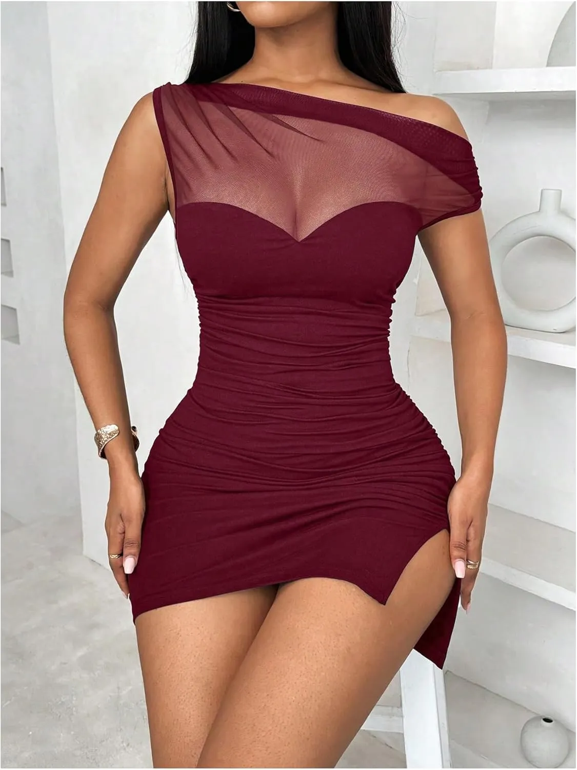 Floerns Women's Mesh Asymmetrical Neck Bodycon Dresses Short Sleeve Party Mini Dress