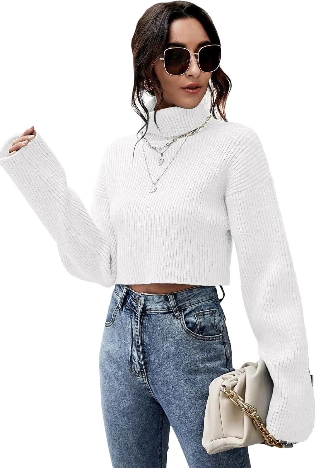 Floerns Women's Turtle Neck Long Sleeve Knitted Pullover Sweater Crop Tops