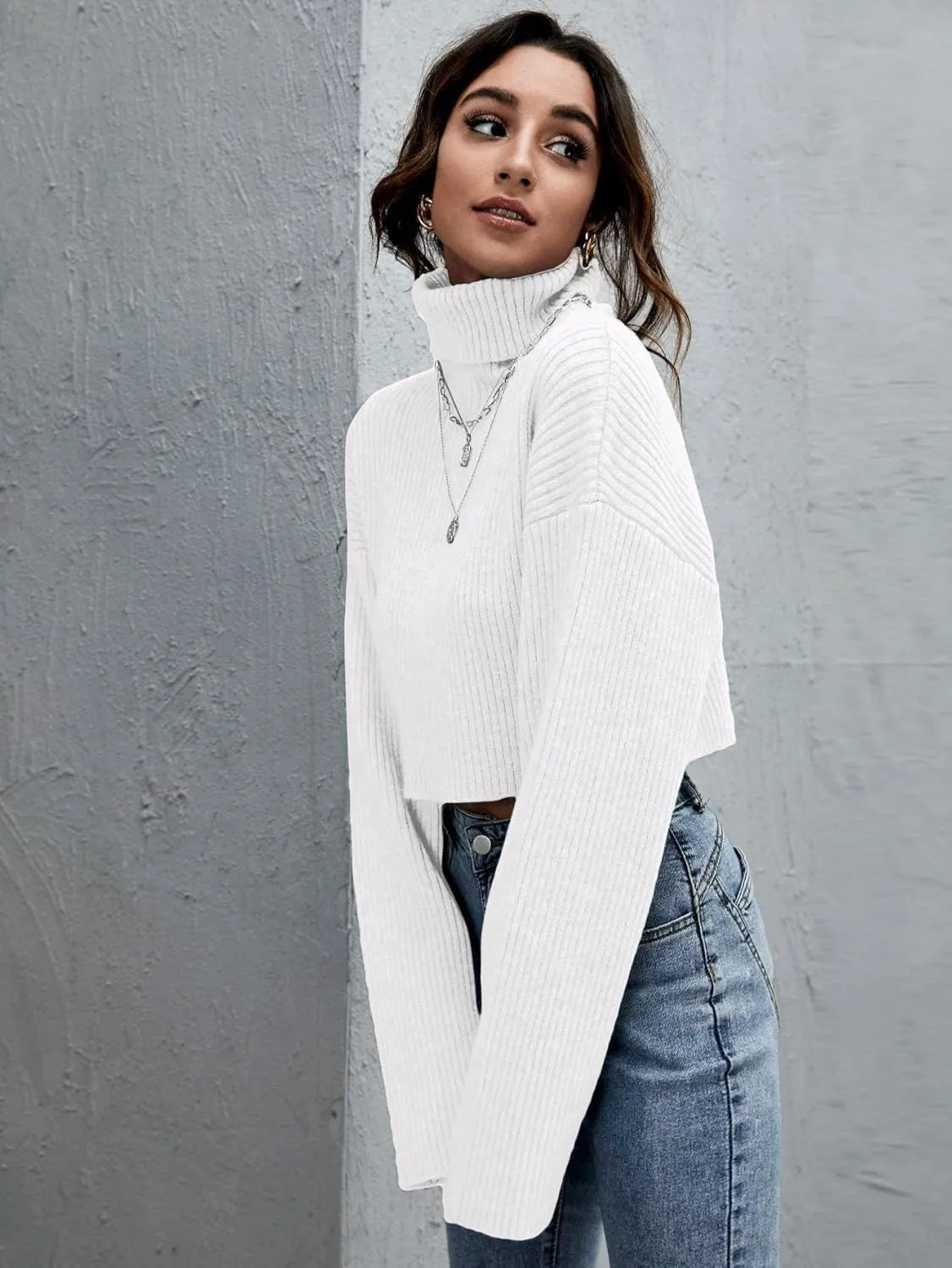 Floerns Women's Turtle Neck Long Sleeve Knitted Pullover Sweater Crop Tops
