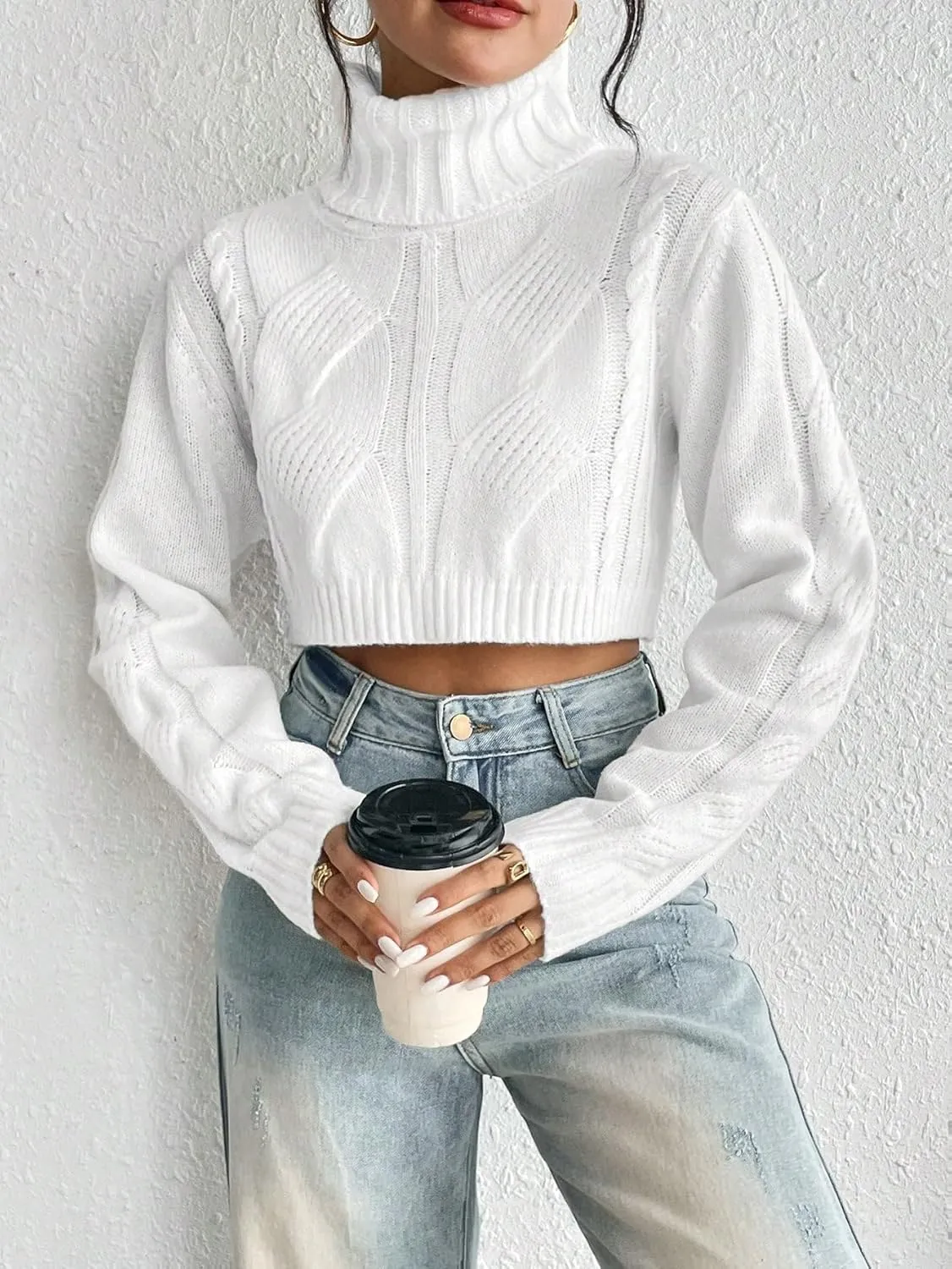 Floerns Women's Turtle Neck Long Sleeve Knitted Pullover Sweater Crop Tops
