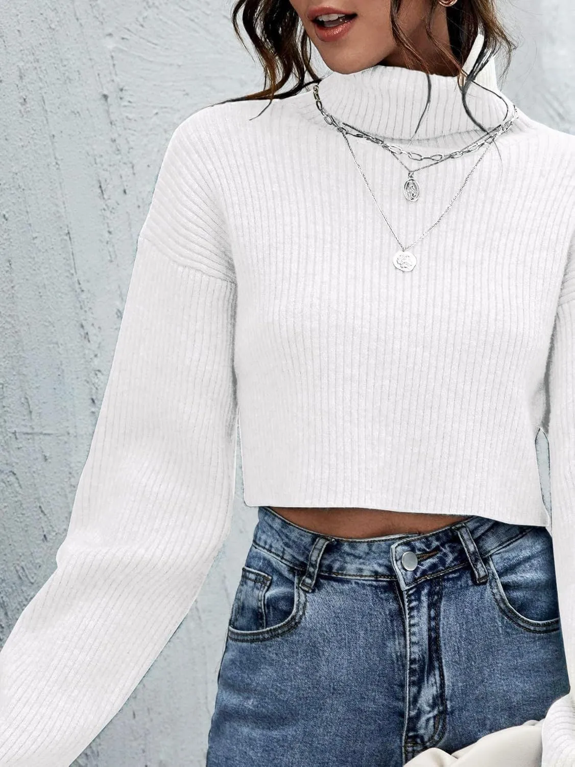 Floerns Women's Turtle Neck Long Sleeve Knitted Pullover Sweater Crop Tops