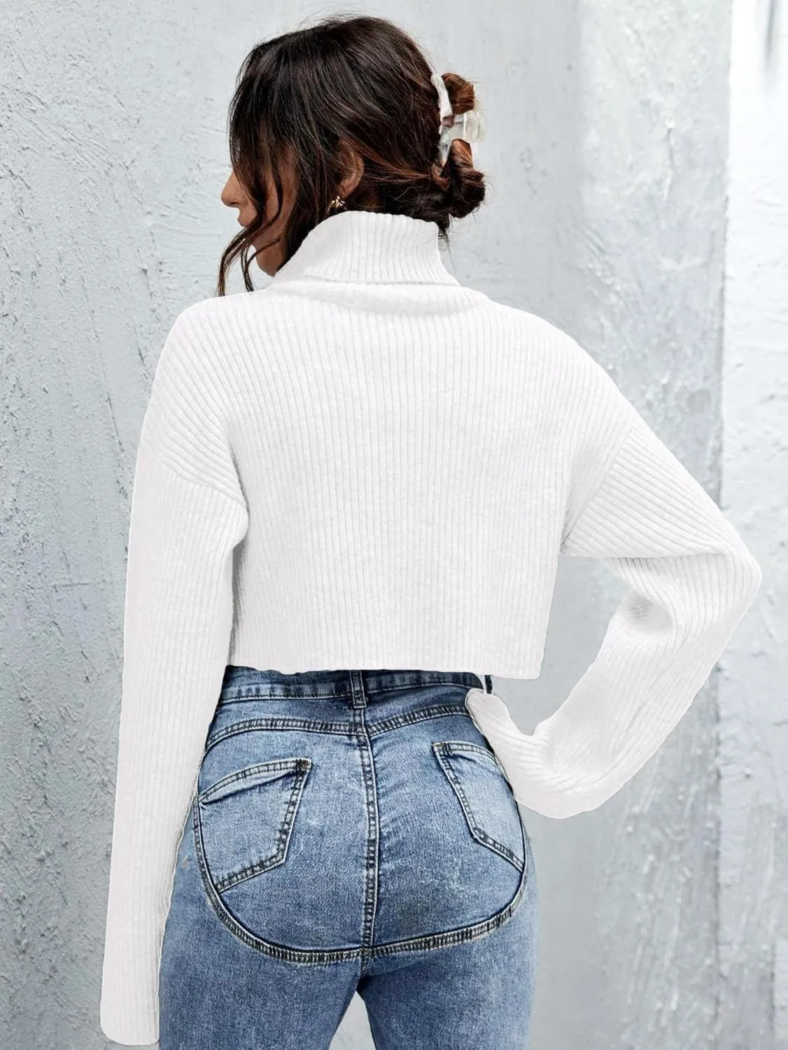 Floerns Women's Turtle Neck Long Sleeve Knitted Pullover Sweater Crop Tops