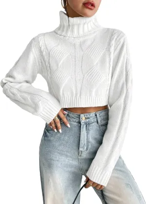 Floerns Women's Turtle Neck Long Sleeve Knitted Pullover Sweater Crop Tops