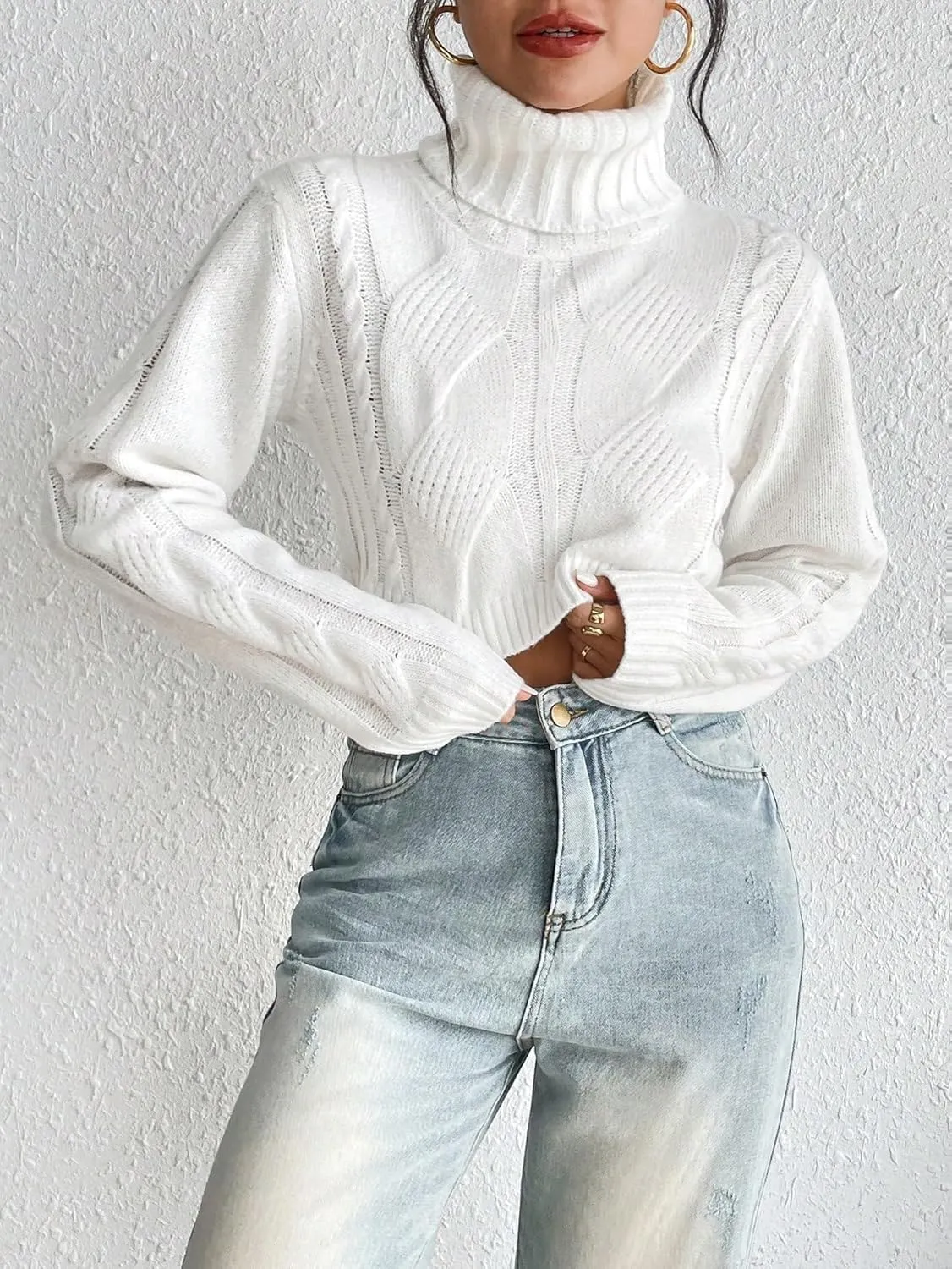 Floerns Women's Turtle Neck Long Sleeve Knitted Pullover Sweater Crop Tops
