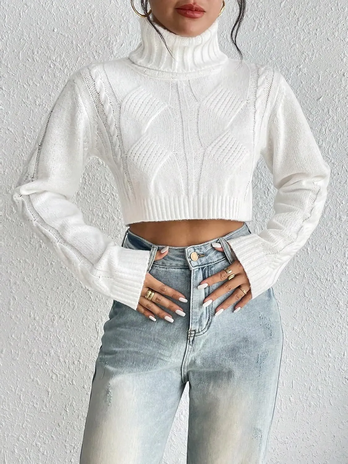 Floerns Women's Turtle Neck Long Sleeve Knitted Pullover Sweater Crop Tops