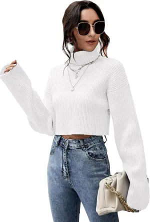 Floerns Women's Turtle Neck Long Sleeve Knitted Pullover Sweater Crop Tops