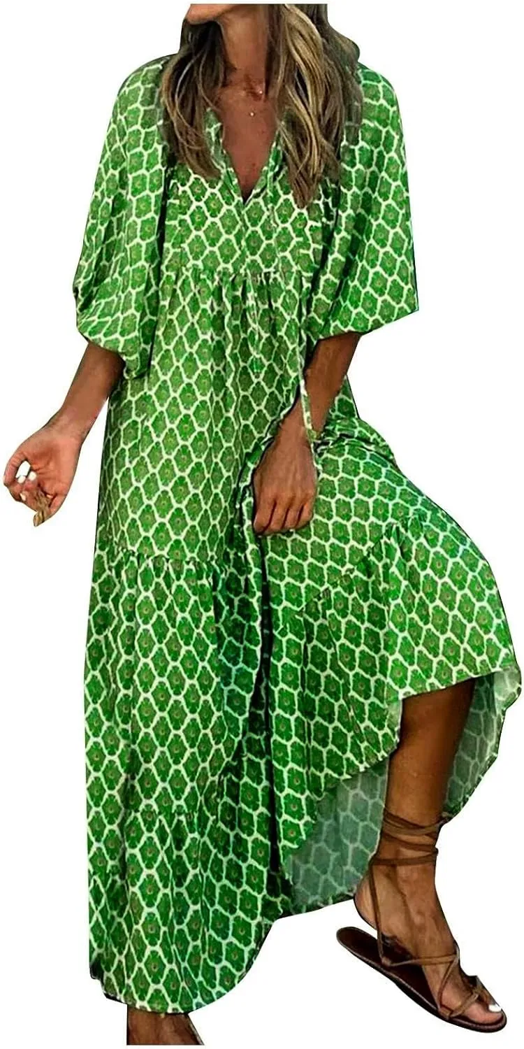 Floral Maxi Dresses for Women Cute Summer V Neck Long Flowy Dresses Bohemian Loose Puff Sleeve Mid Length Dress