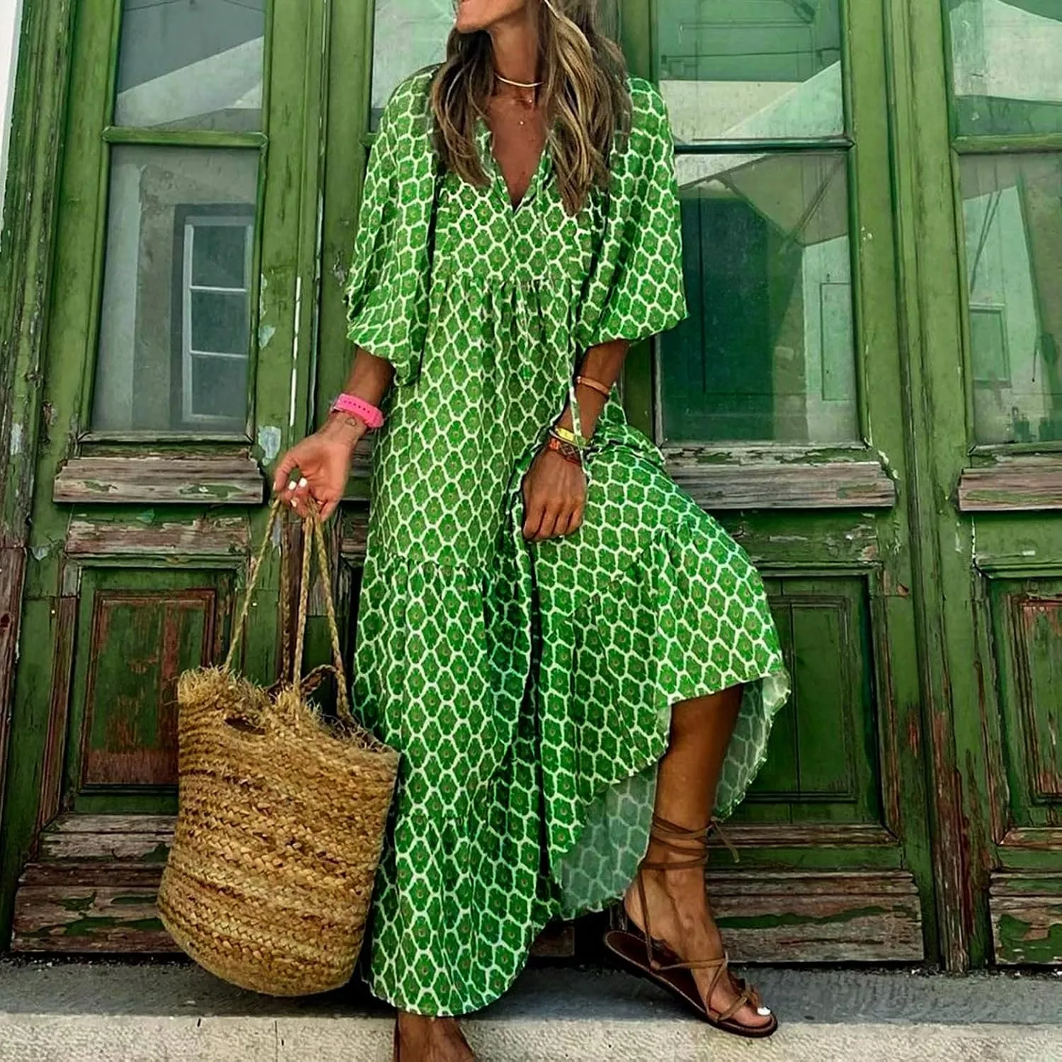 Floral Maxi Dresses for Women Cute Summer V Neck Long Flowy Dresses Bohemian Loose Puff Sleeve Mid Length Dress