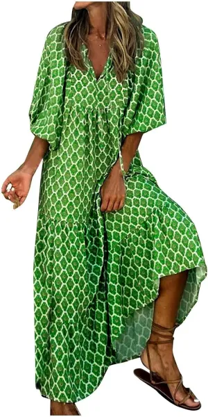 Floral Maxi Dresses for Women Cute Summer V Neck Long Flowy Dresses Bohemian Loose Puff Sleeve Mid Length Dress