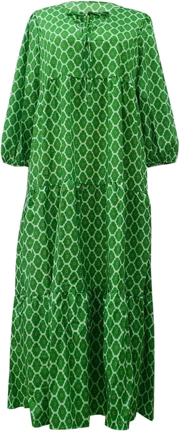 Floral Maxi Dresses for Women Cute Summer V Neck Long Flowy Dresses Bohemian Loose Puff Sleeve Mid Length Dress