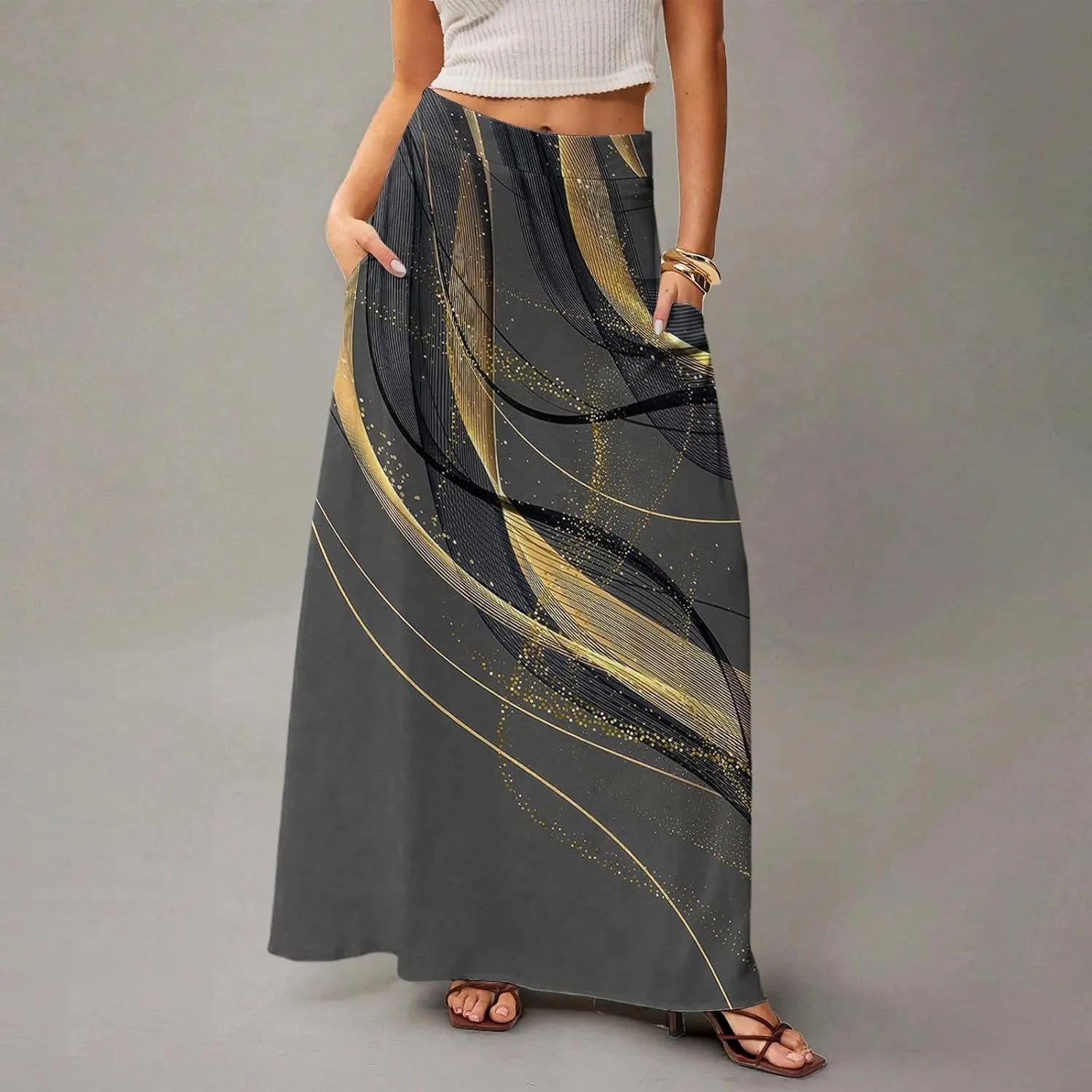 Floral Maxi Skirts for Women Trendy Summer Casual Flowy High Waisted Plus Size Long Boho Beach Skirt with Pockets