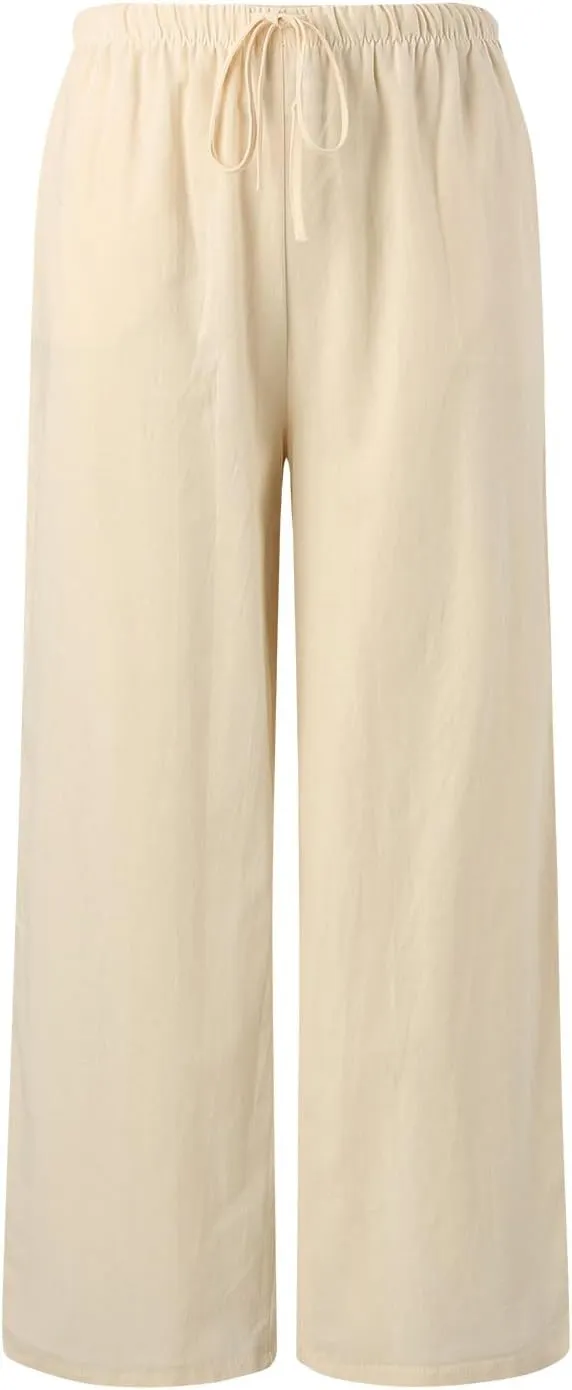 Flowy Pants for Women Wide Leg Cotton Linen Pants High Waist Summer Pants Beach Drawstring Pant Trousers