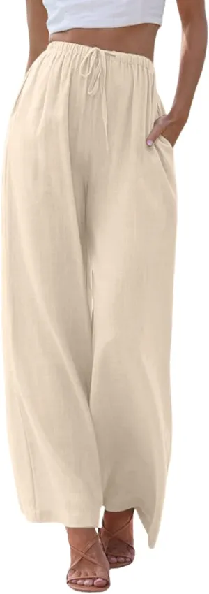 Flowy Pants for Women Wide Leg Cotton Linen Pants High Waist Summer Pants Beach Drawstring Pant Trousers