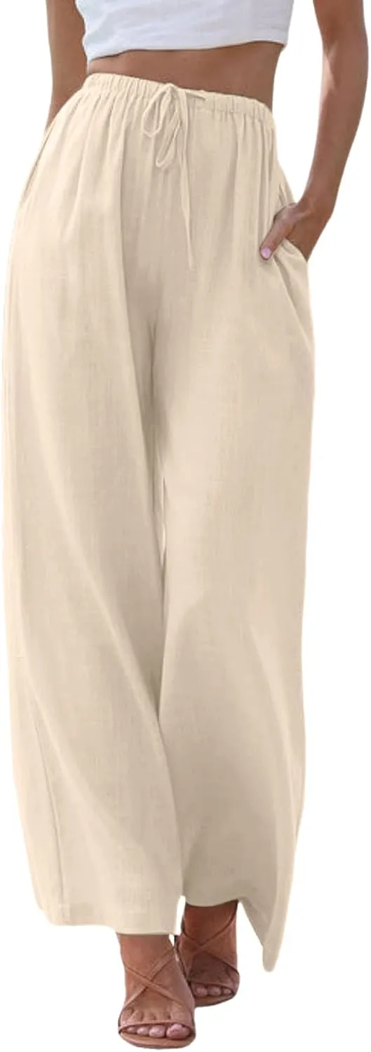 Flowy Pants for Women Wide Leg Cotton Linen Pants High Waist Summer Pants Beach Drawstring Pant Trousers