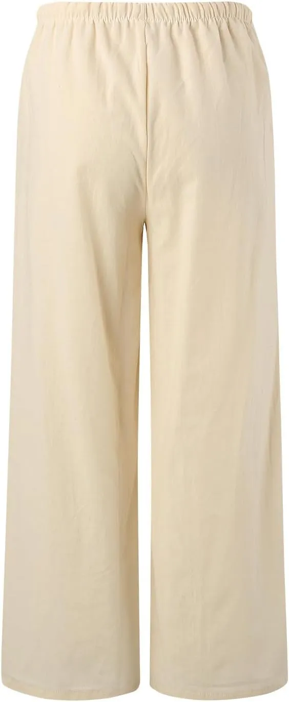 Flowy Pants for Women Wide Leg Cotton Linen Pants High Waist Summer Pants Beach Drawstring Pant Trousers