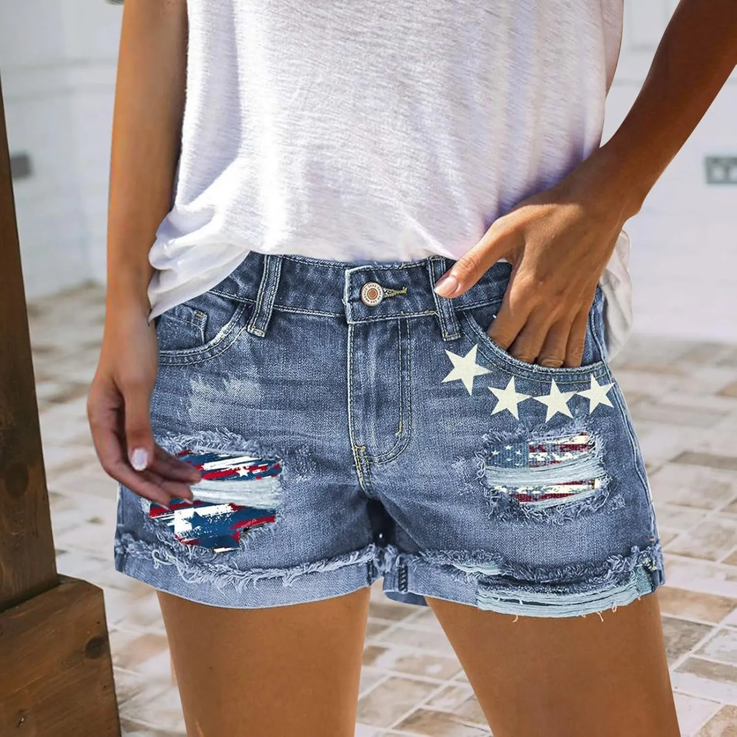 Fourth of July Shorts Women American Flag Printed Denim Shorts High Waisted Womens Patriotic Shorts