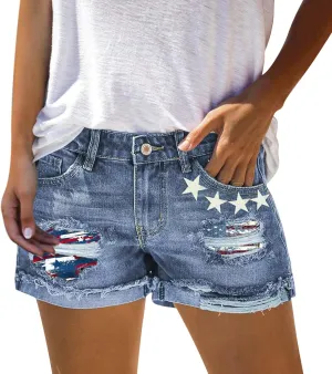 Fourth of July Shorts Women American Flag Printed Denim Shorts High Waisted Womens Patriotic Shorts