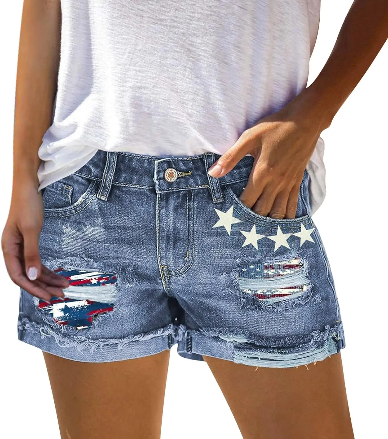 Fourth of July Shorts Women American Flag Printed Denim Shorts High Waisted Womens Patriotic Shorts