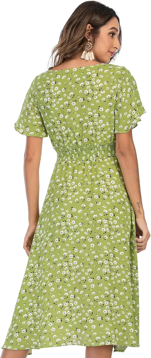 Gardenwed Chiffon Floral Dresses Summer Sun Beach Dresses for Women with Elastic Waist