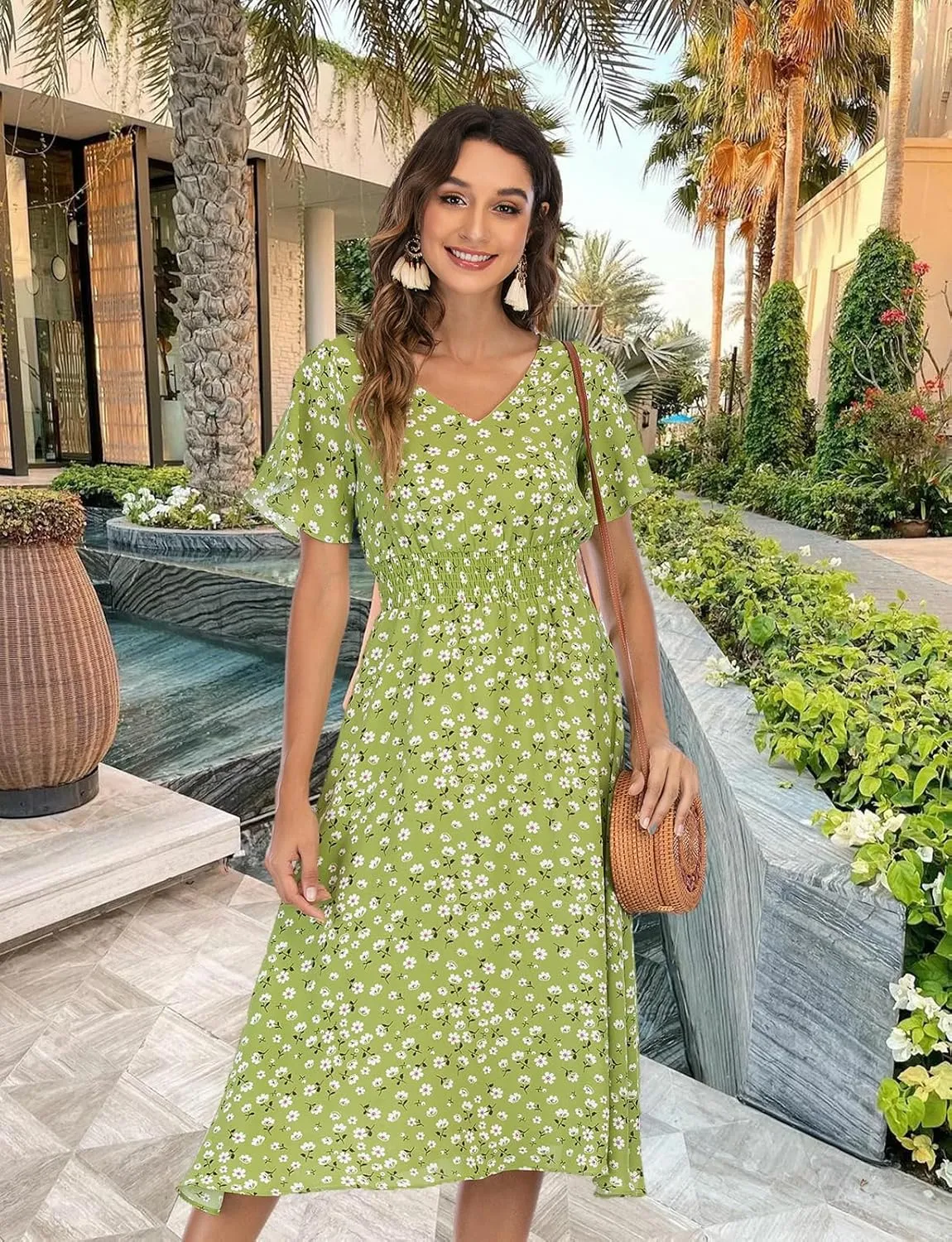 Gardenwed Chiffon Floral Dresses Summer Sun Beach Dresses for Women with Elastic Waist