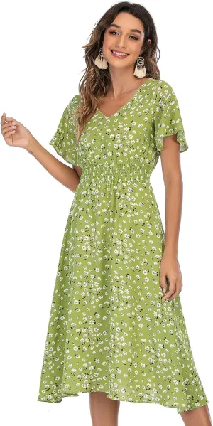 Gardenwed Chiffon Floral Dresses Summer Sun Beach Dresses for Women with Elastic Waist