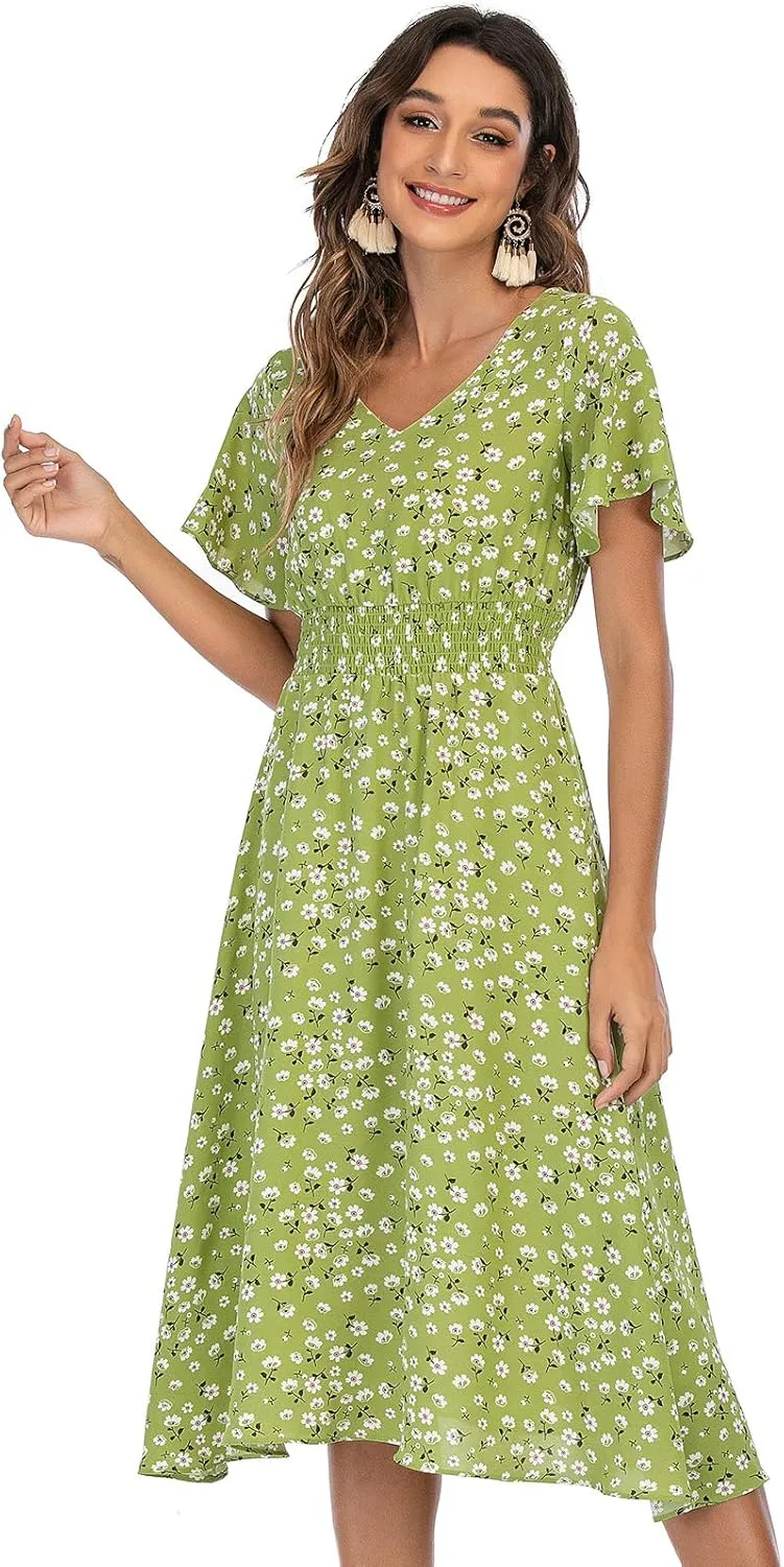 Gardenwed Chiffon Floral Dresses Summer Sun Beach Dresses for Women with Elastic Waist