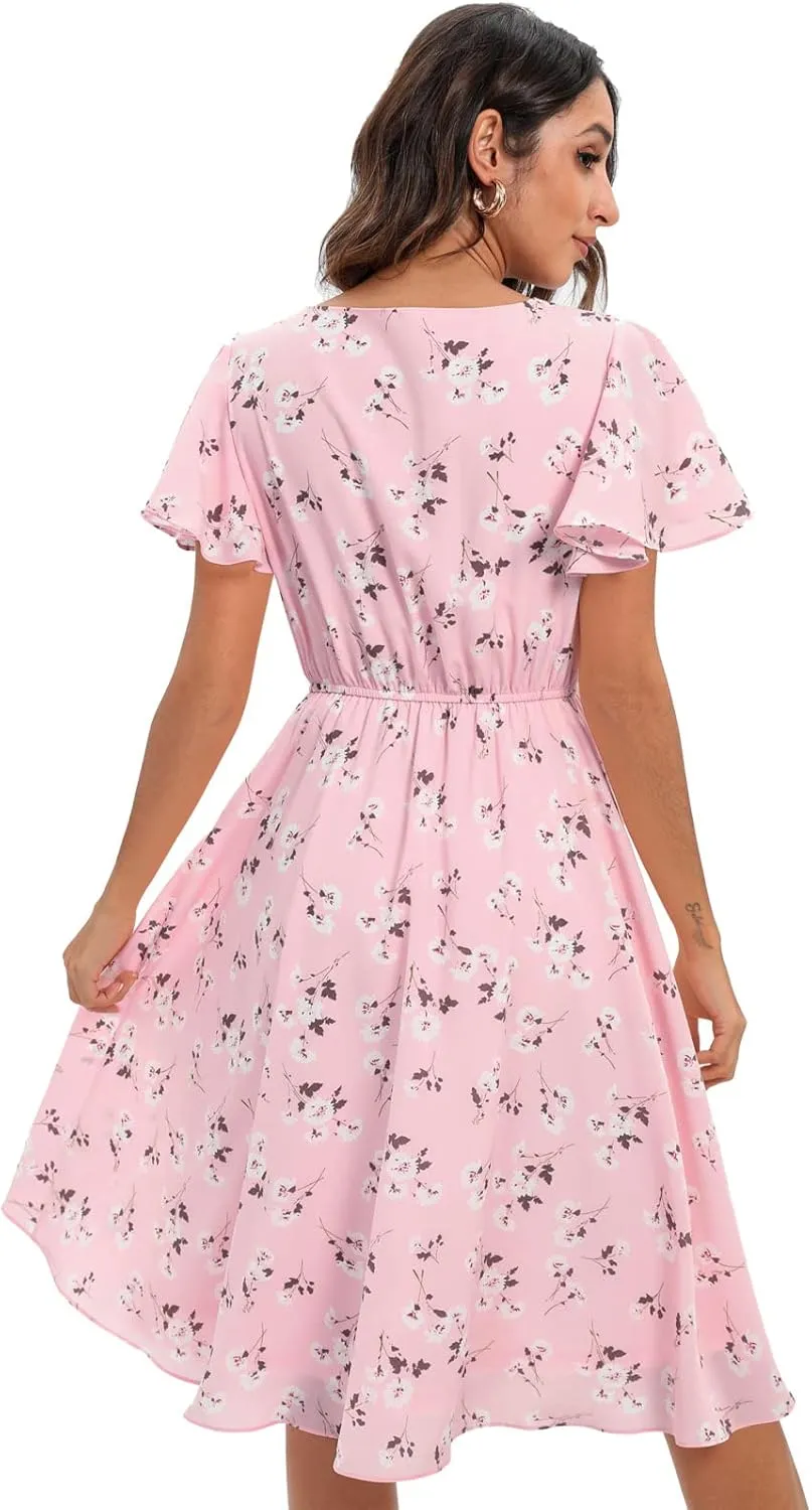 Gardenwed Chiffon Floral Dresses Summer Sun Beach Dresses for Women with Elastic Waist