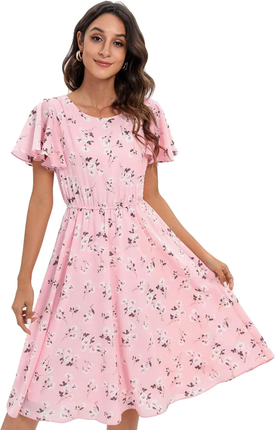 Gardenwed Chiffon Floral Dresses Summer Sun Beach Dresses for Women with Elastic Waist