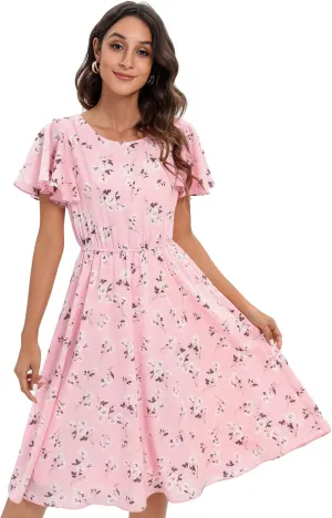 Gardenwed Chiffon Floral Dresses Summer Sun Beach Dresses for Women with Elastic Waist