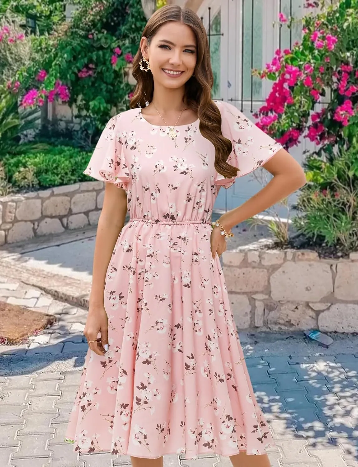 Gardenwed Chiffon Floral Dresses Summer Sun Beach Dresses for Women with Elastic Waist