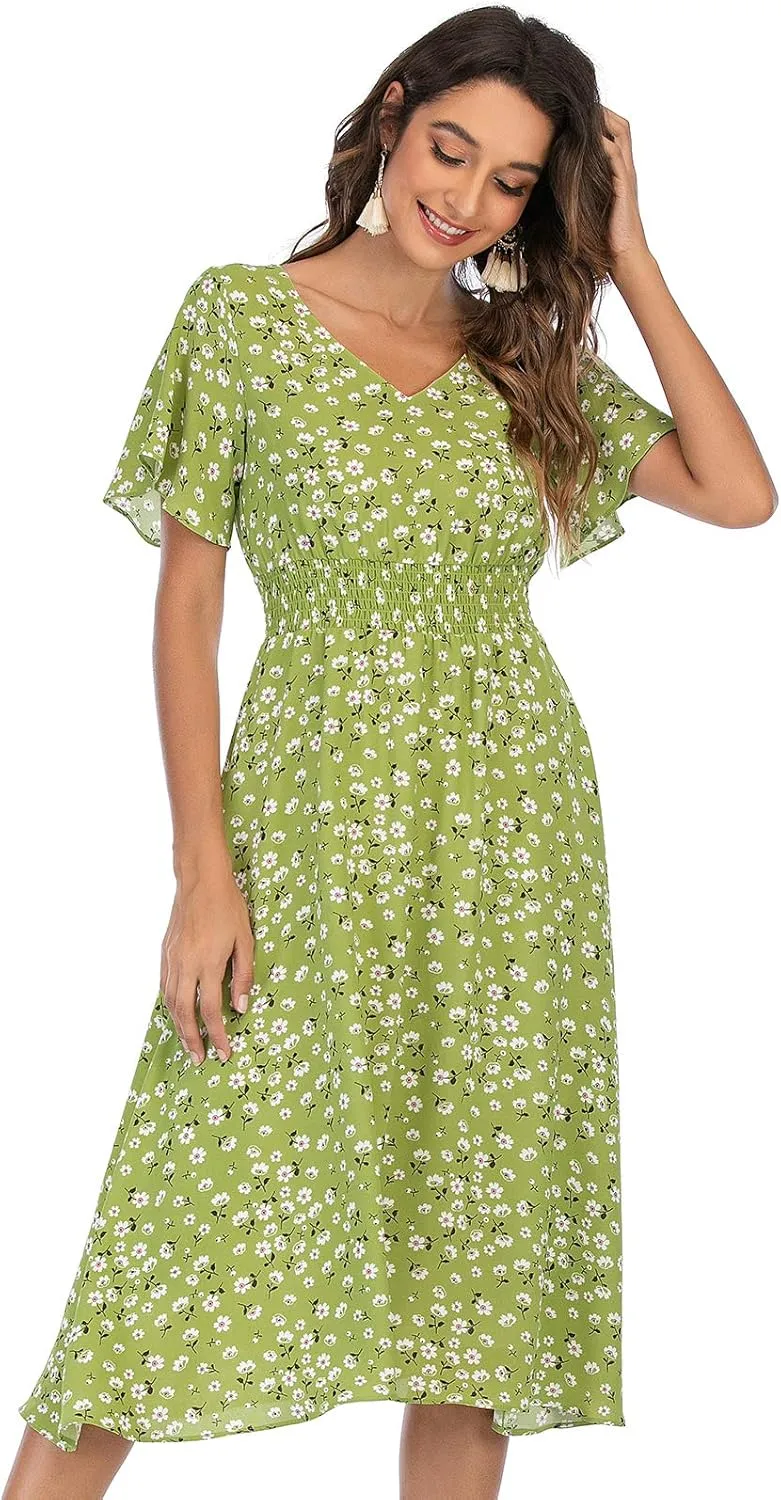 Gardenwed Chiffon Floral Dresses Summer Sun Beach Dresses for Women with Elastic Waist