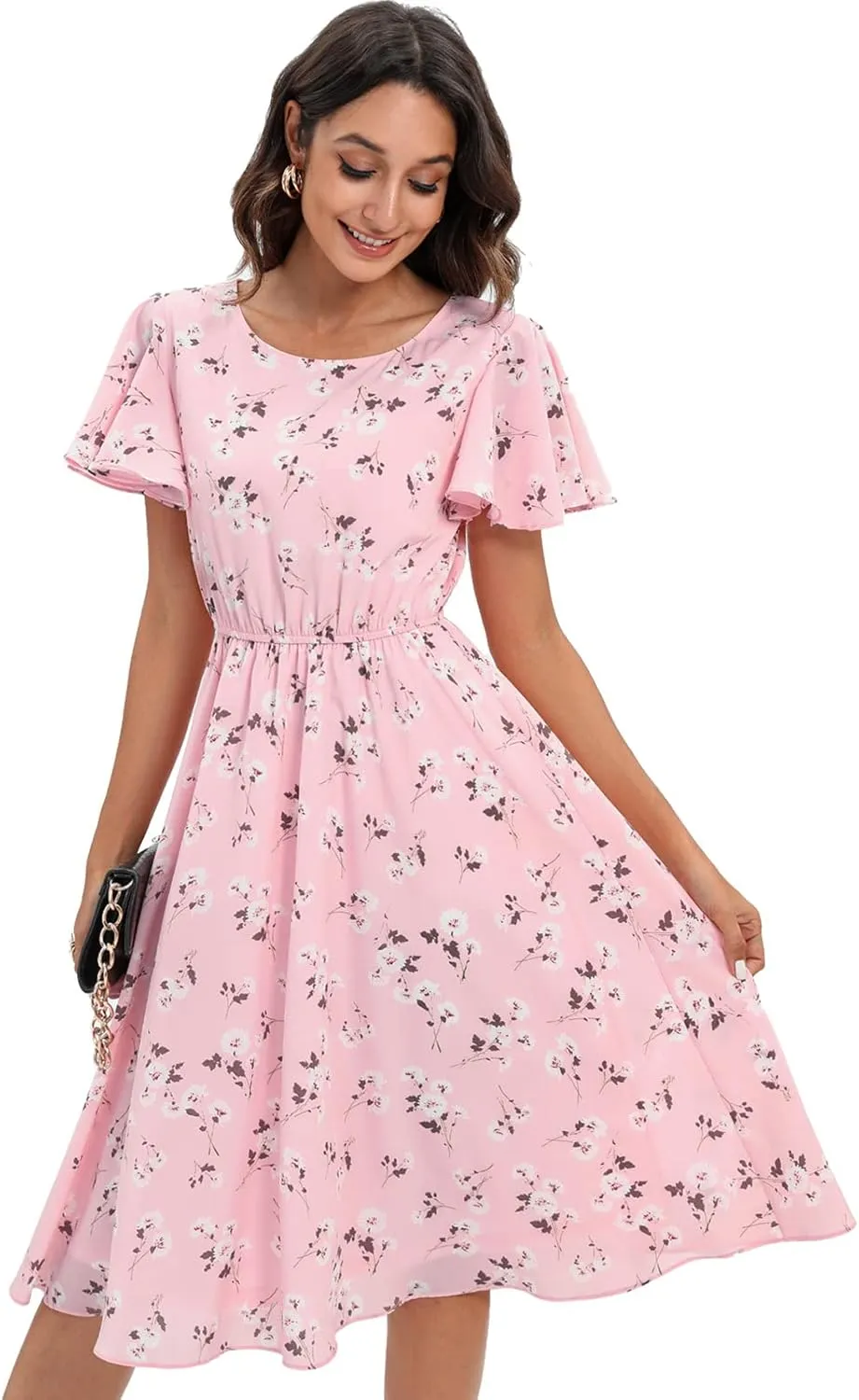 Gardenwed Chiffon Floral Dresses Summer Sun Beach Dresses for Women with Elastic Waist