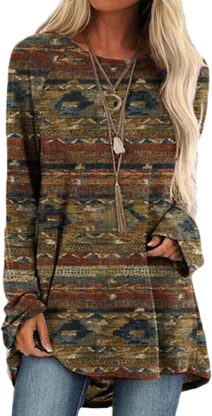 Geleglaer Long Sleeve Shirts for Women Aztec Cowgirl Sweatshirt Pullover Crew Neck Casual Loose Oversized