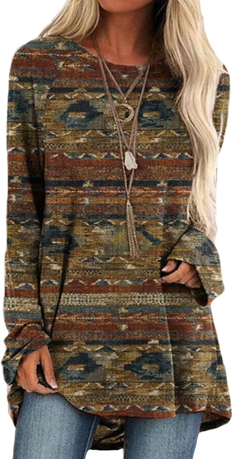 Geleglaer Long Sleeve Shirts for Women Aztec Cowgirl Sweatshirt Pullover Crew Neck Casual Loose Oversized