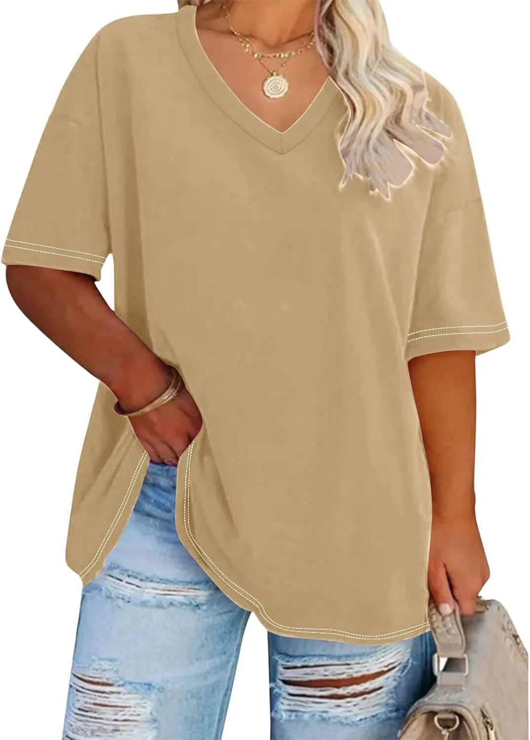 Generic 2024 Oversized T Shirts Women's Plus Size Tees Casual Half Sleeve V Neck Shirt Summer Loose Comfy Basic Tunic Tops