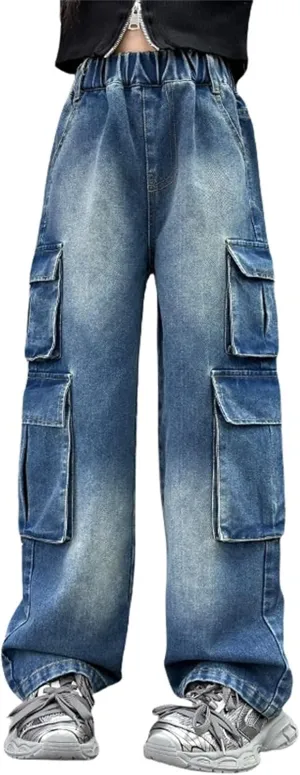 Girls Baggy Jeans Teens Wide Leg Distressed Washed Jeans Kids Elastic High Waist Streetwear Loose Fit Pants with Pockets
