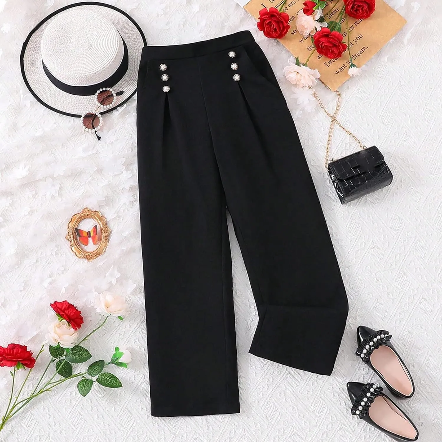 Girls Dress Pants Wide Leg Pants Lightweight Elastic High Waist Straight Leg Loose Trousers Uniform Girls Wide Pants