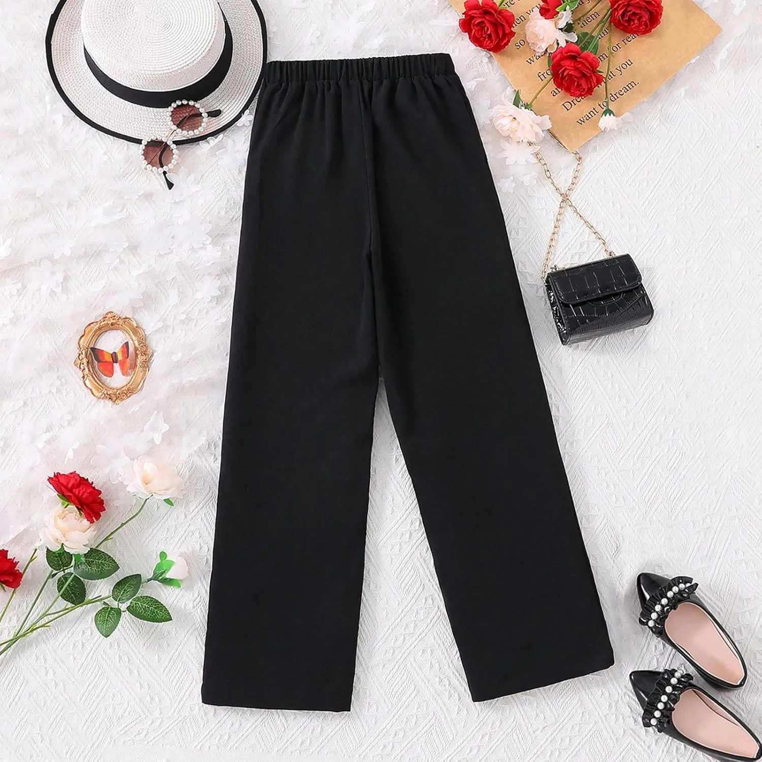 Girls Dress Pants Wide Leg Pants Lightweight Elastic High Waist Straight Leg Loose Trousers Uniform Girls Wide Pants
