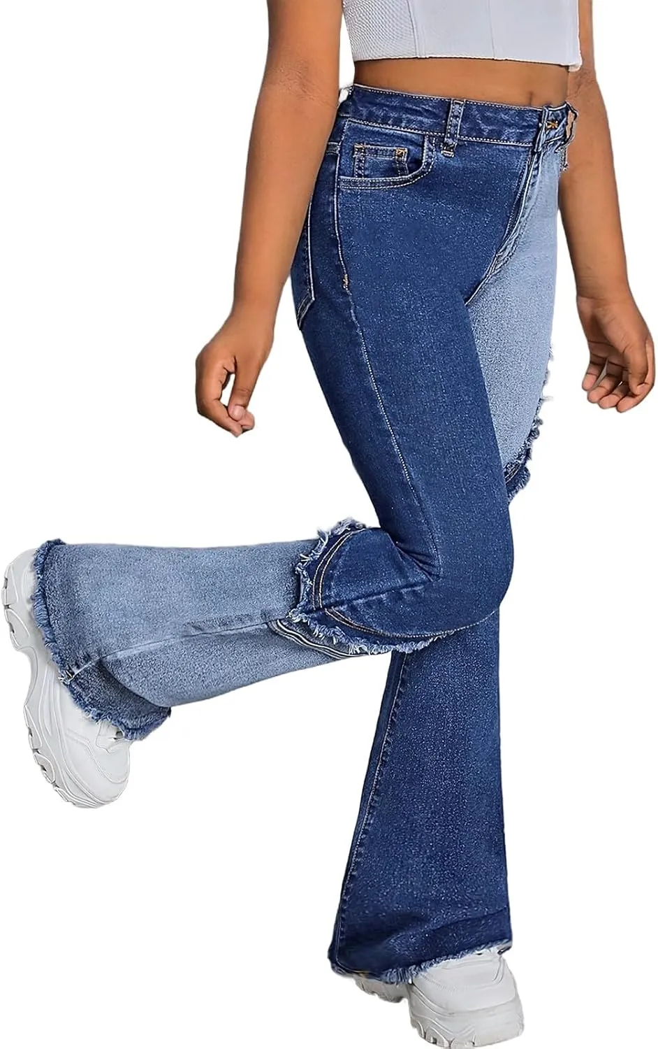 Girls Ripped Jeans Denim Pants Elastic Trousers Relaxed Pants Loose Classic Vintage Flare Bell Bottom Jeans Tracksuit