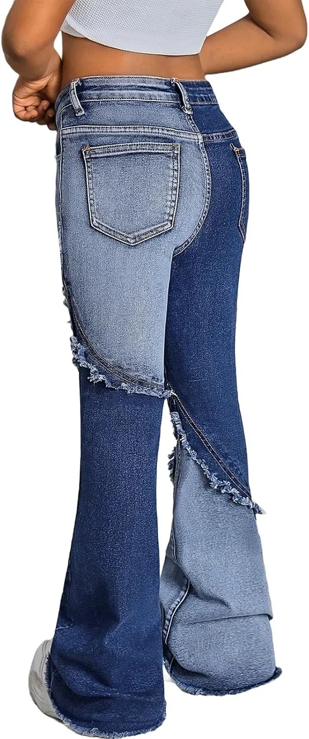 Girls Ripped Jeans Denim Pants Elastic Trousers Relaxed Pants Loose Classic Vintage Flare Bell Bottom Jeans Tracksuit
