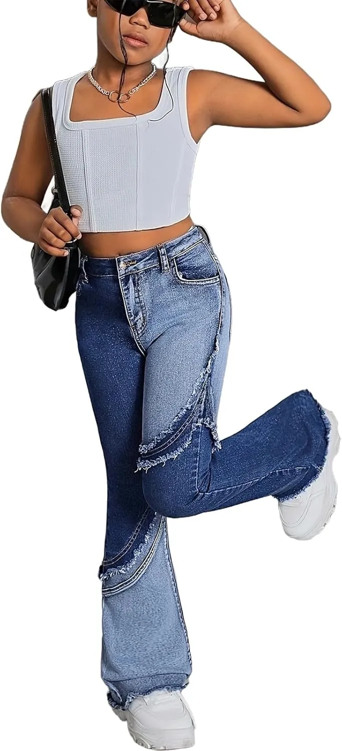 Girls Ripped Jeans Denim Pants Elastic Trousers Relaxed Pants Loose Classic Vintage Flare Bell Bottom Jeans Tracksuit