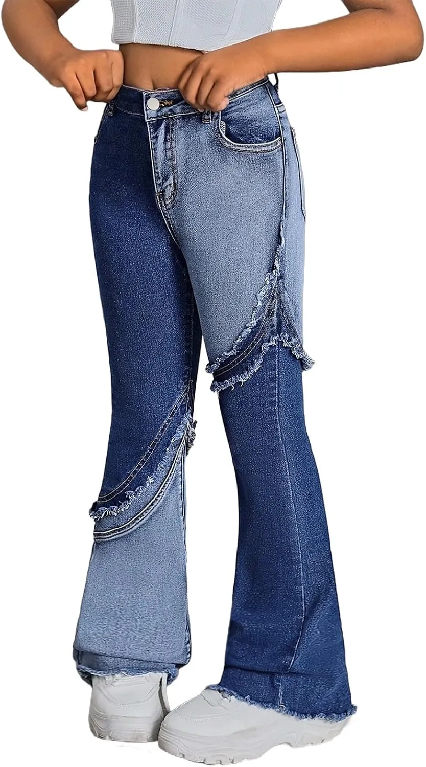 Girls Ripped Jeans Denim Pants Elastic Trousers Relaxed Pants Loose Classic Vintage Flare Bell Bottom Jeans Tracksuit