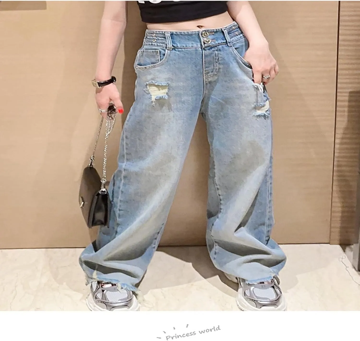Girls Spring and Autumn Baggy Mop Wide Leg Pants Mid Rise Elastic Band with Pockets Slim Jeans Straight Leg Trousers
