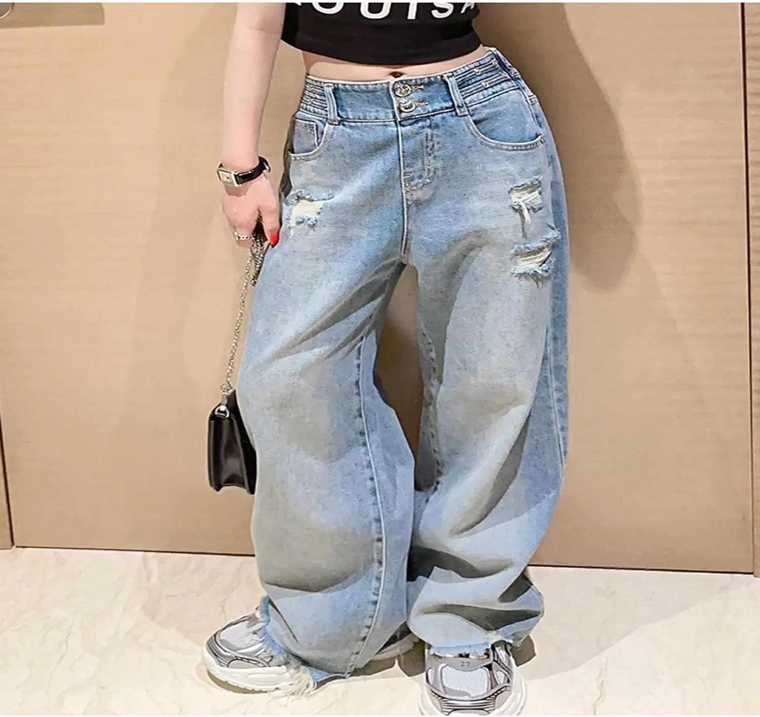 Girls Spring and Autumn Baggy Mop Wide Leg Pants Mid Rise Elastic Band with Pockets Slim Jeans Straight Leg Trousers
