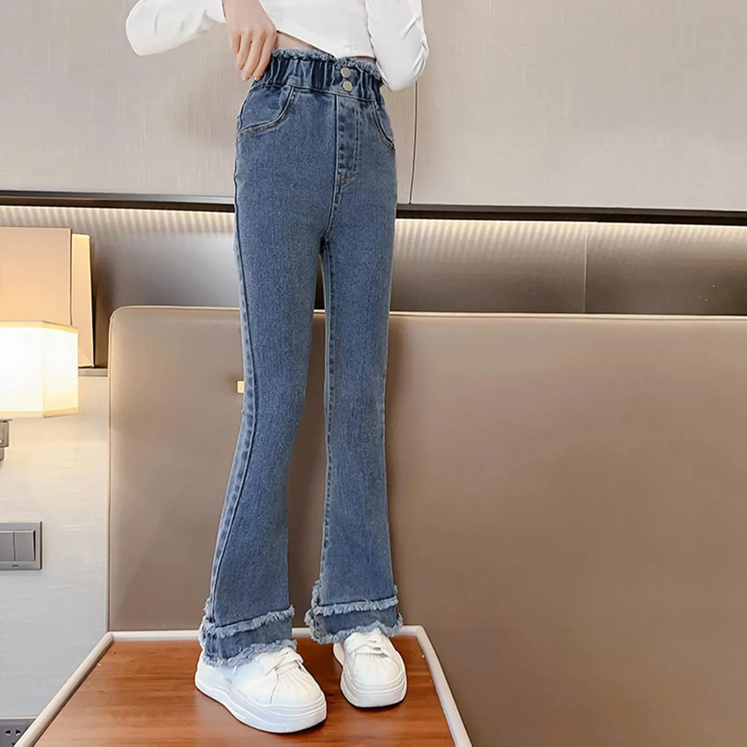 Girls Spring and Autumn Baggy Mop Wide Leg Pants Mid Rise Elastic Band with Pockets Slim Jeans Straight Leg Trousers