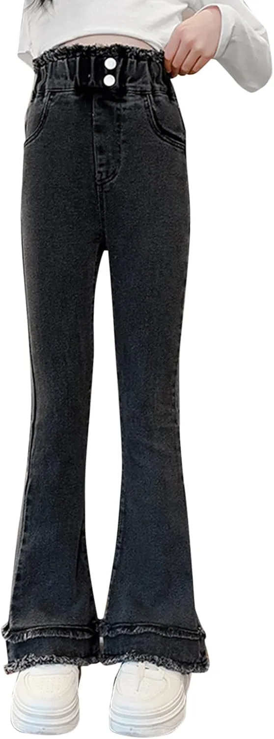 Girls Spring and Autumn Baggy Mop Wide Leg Pants Mid Rise Elastic Band with Pockets Slim Jeans Straight Leg Trousers