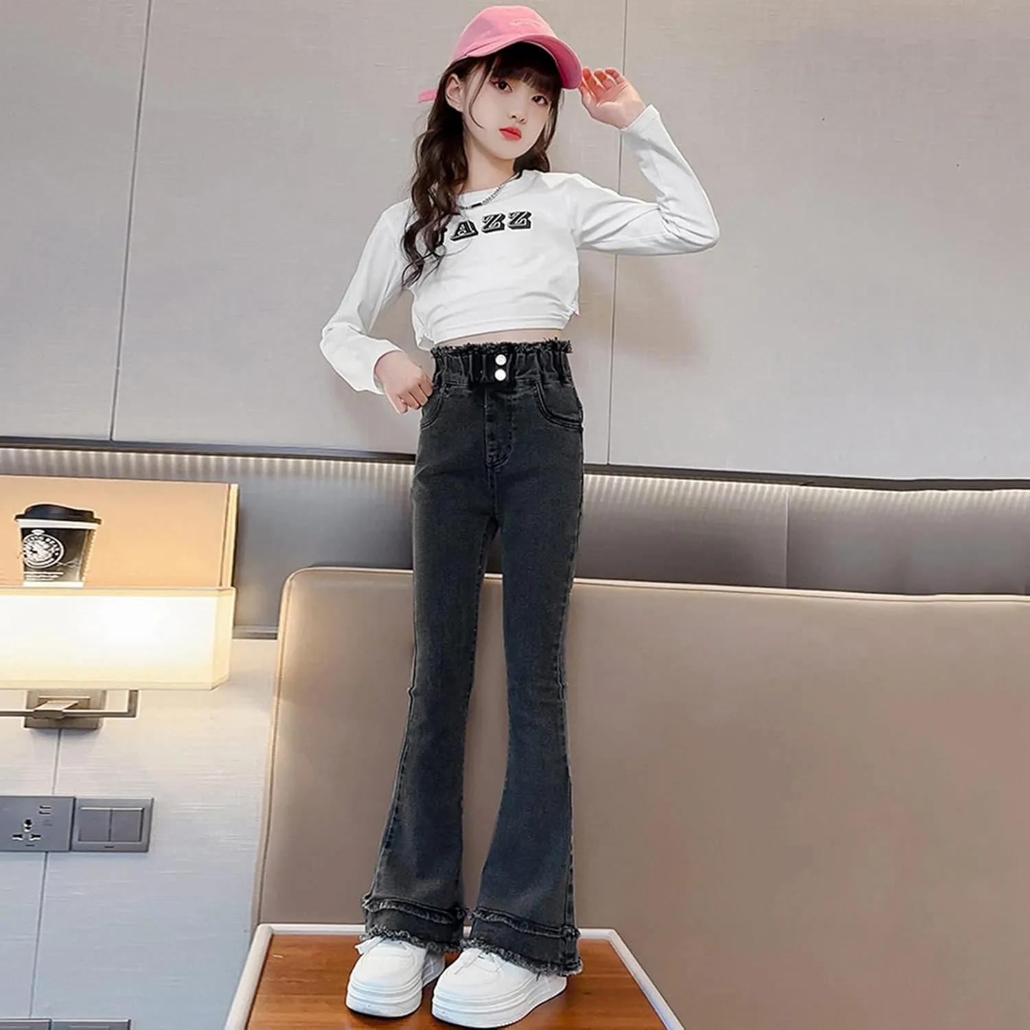 Girls Spring and Autumn Baggy Mop Wide Leg Pants Mid Rise Elastic Band with Pockets Slim Jeans Straight Leg Trousers
